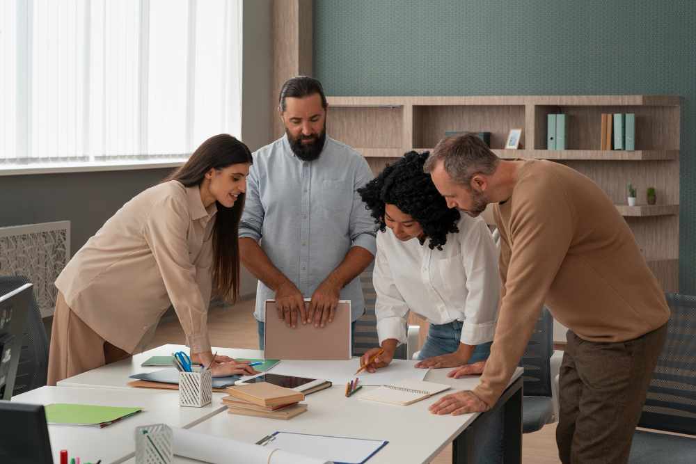 grupo de empleados en la oficina haciendo trabajo en equipo
